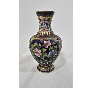 Vintage Champleve raised wire cloisonne enamel metal vase hand painted asian art